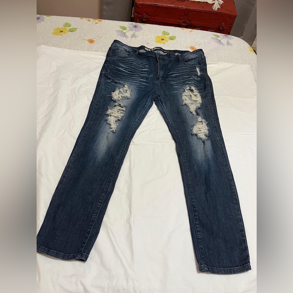 (W) MACHINE Pour Neuf Mode Men's Dark Blue Distressed Jeans